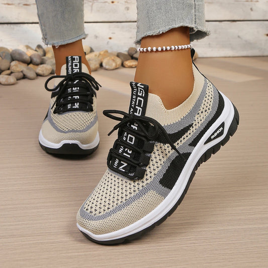 Women’s Lightweight Patchwork Lace-Up Sneakers – Casual Travel Walking Shoes
