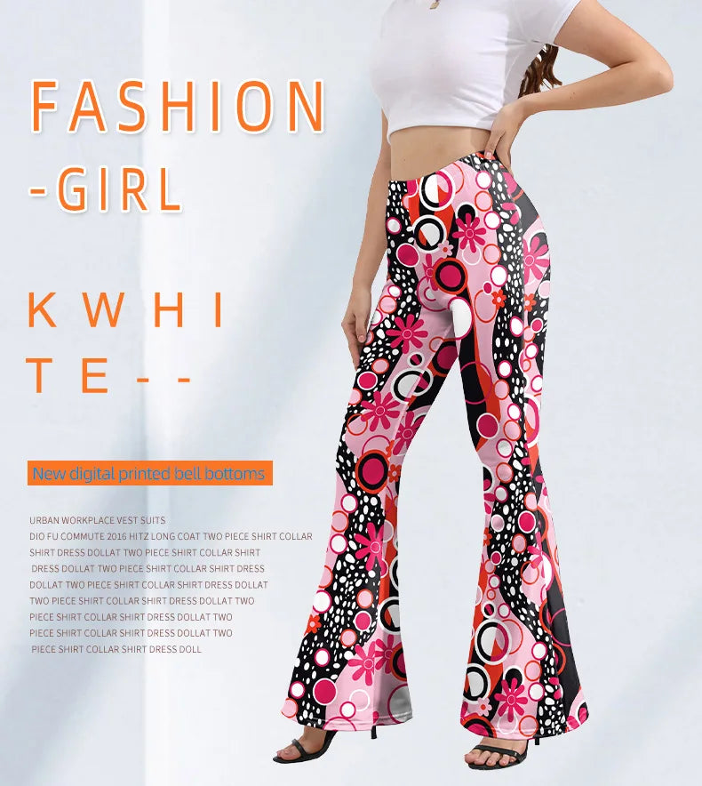 Women’s 70s Floral Bell Bottom Pants – High – Waist Flare Trousers – Red-floral – S