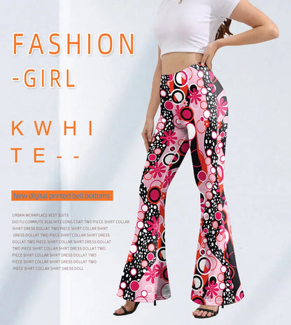 Women’s 70s Floral Bell Bottom Pants – High – Waist Flare Trousers – Red-floral – S