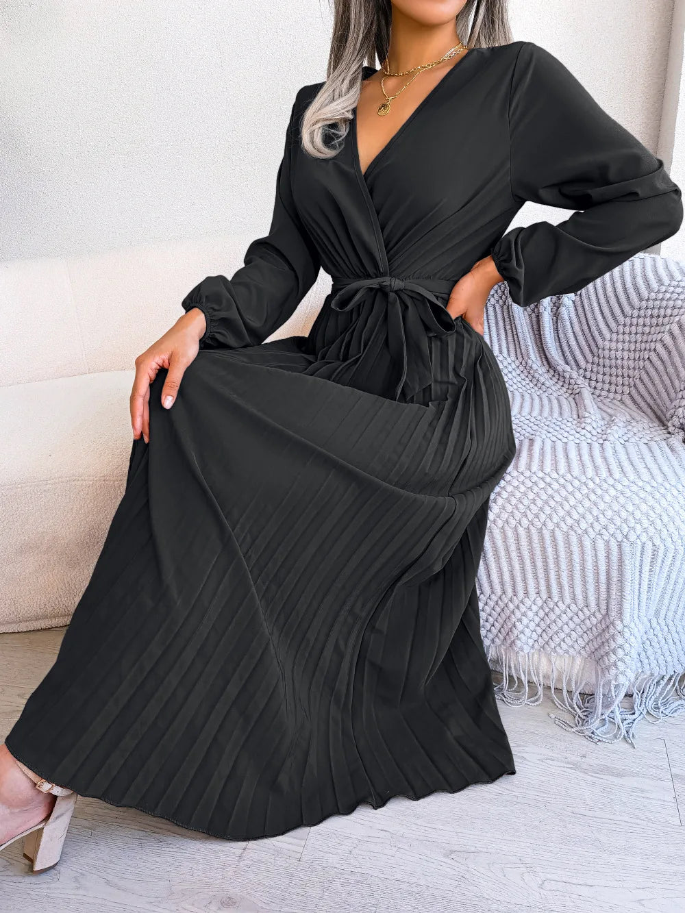 Women’s Pleated V-Neck Maxi Dress – Long Sleeve, Belted Waist