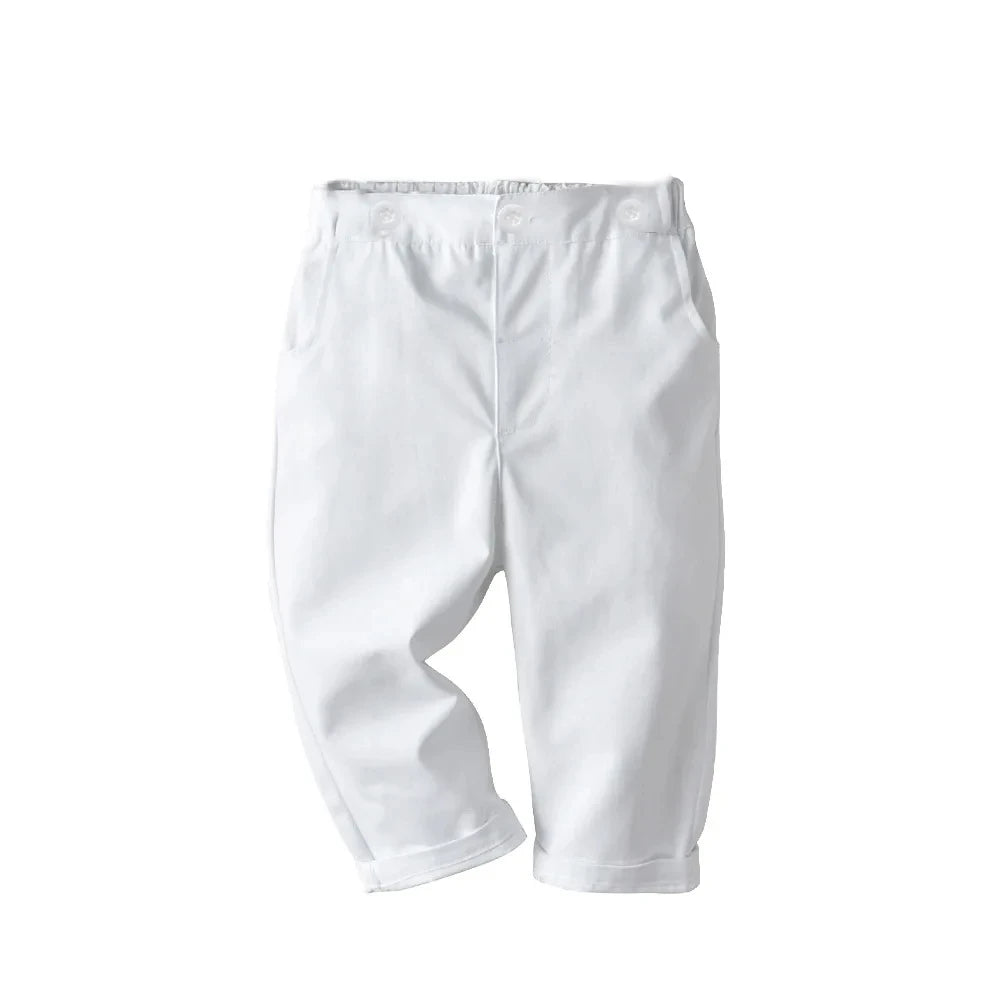 Boys White Formal Outfit Set – Shirt, Bow Tie & Suspenders