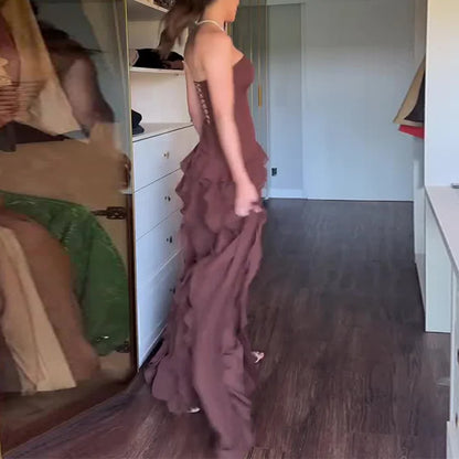 Vestidos Elegant Ruffle Slit Ball Gowns Dresses Woman Sexy Strapless Slim Long Dess Summer Sleeveless Backless Hollow Maxi Dress