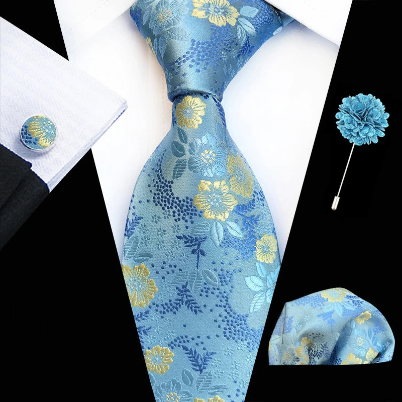 Men’s Floral Necktie Set – Tie, Pocket Square & Cufflinks