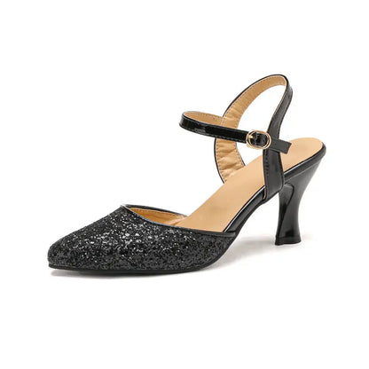 Women's Glitter Closed-Toe Kitten Heels with Ankle Strap