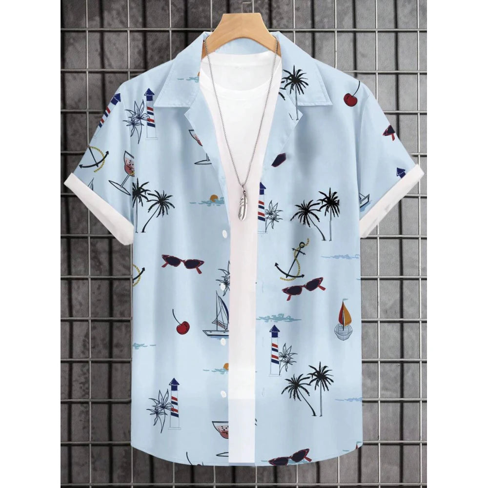 Men’s Palm Tree Print Button-Down Shirt – Short Sleeve Beach & Cruise Casual