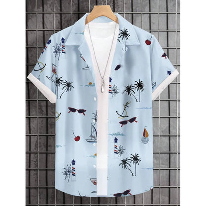 Men’s Palm Tree Print Button-Down Shirt – Short Sleeve Beach & Cruise Casual