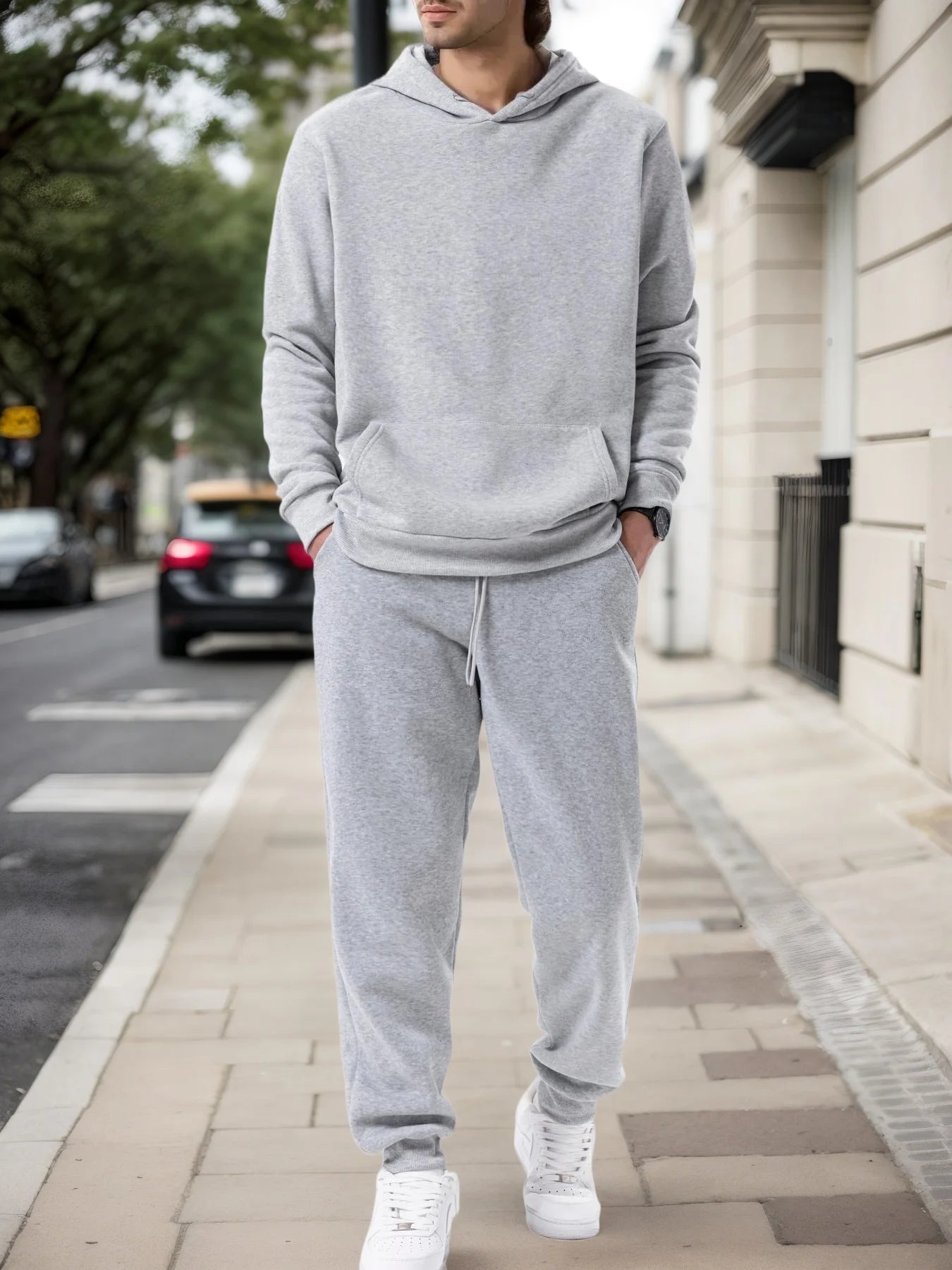 Men’s Solid Fleece Hoodie & Joggers Set – Autumn/Winter Tracksuit