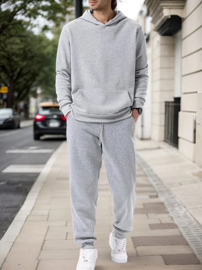 Men’s Solid Fleece Hoodie & Joggers Set – Autumn/Winter Tracksuit