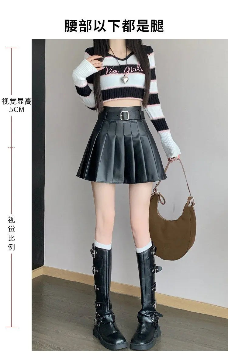 Women’s Pleated PU Mini Skirt with Belt – High-Waist, A-Line