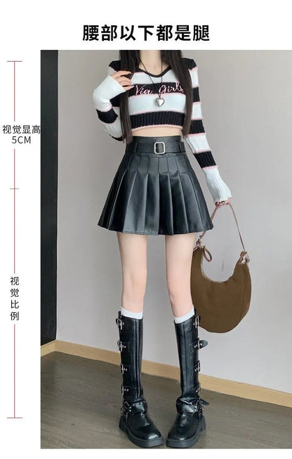 Women’s Pleated PU Mini Skirt with Belt – High-Waist, A-Line