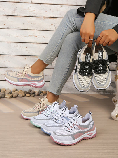 Women’s Lightweight Patchwork Lace-Up Sneakers – Casual Travel Walking Shoes