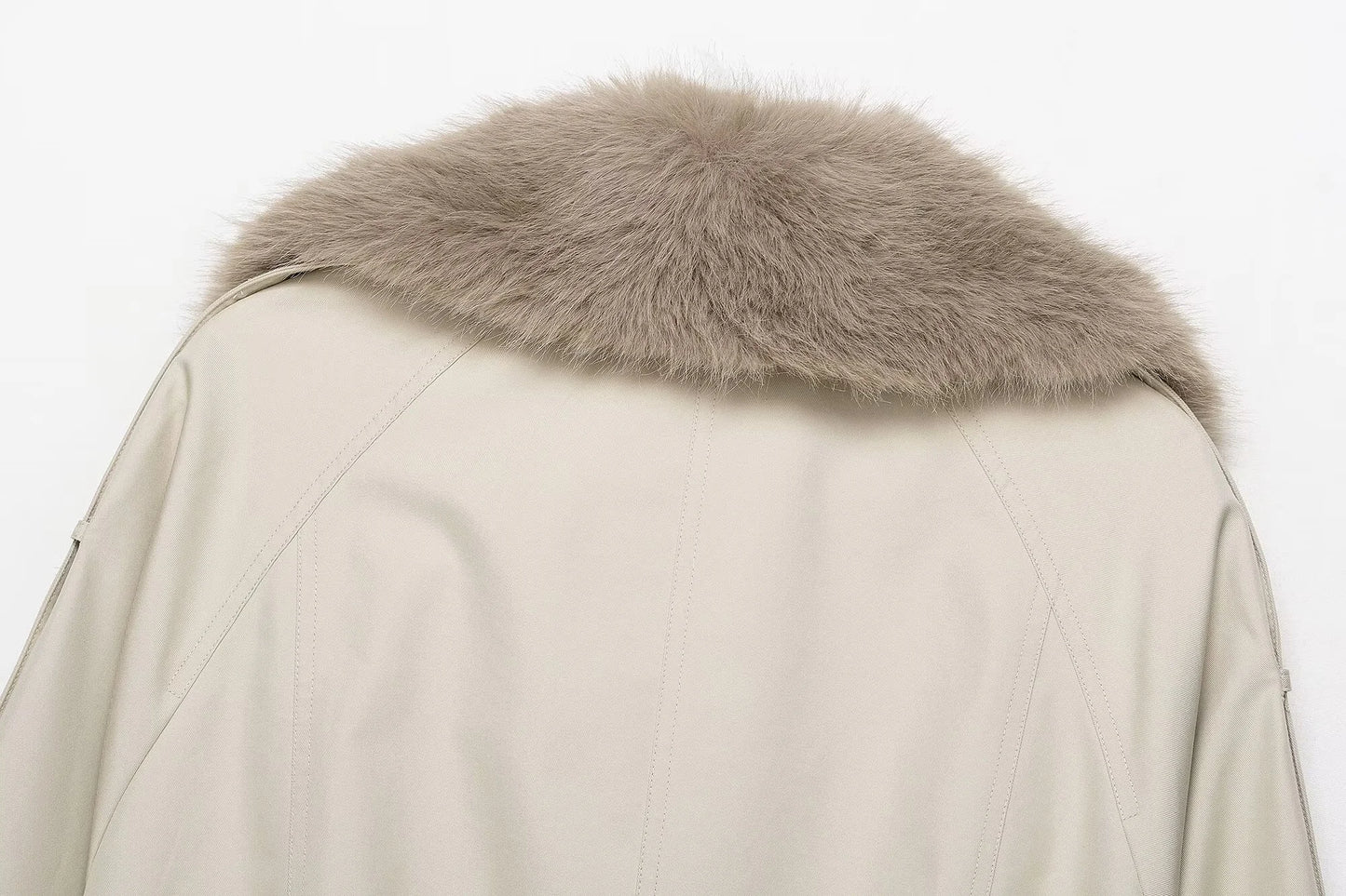 Women’s Short Faux-Fur Collar Trench Coat – Double-Breasted Jacket
