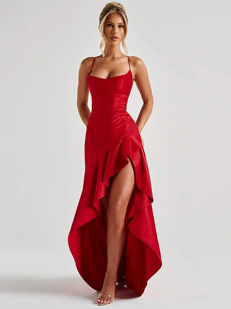 Women’s Satin Spaghetti Strap Maxi Dress – Ruffle Thigh Split, Backless