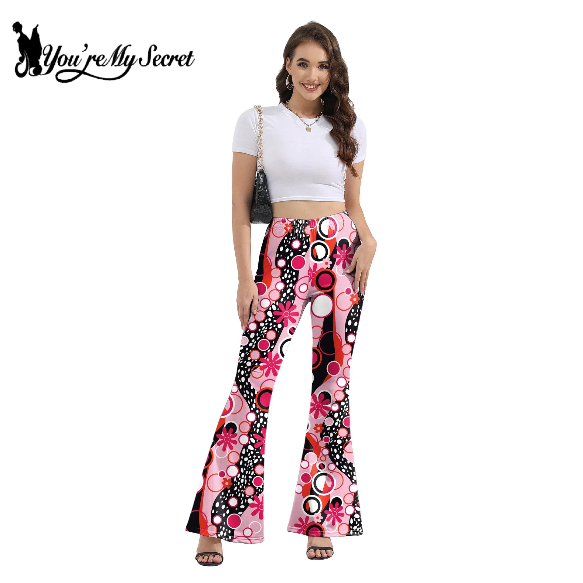 Women’s 70s Floral Bell Bottom Pants – High – Waist Flare Trousers – Pink-retro – XL