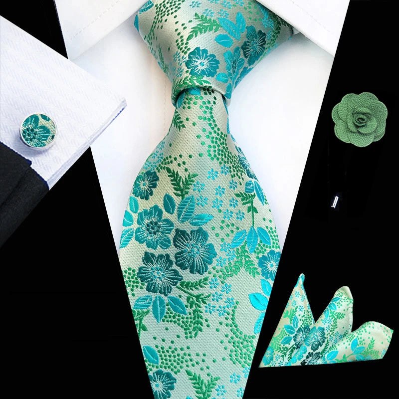Men’s Floral Necktie Set – Tie, Pocket Square & Cufflinks