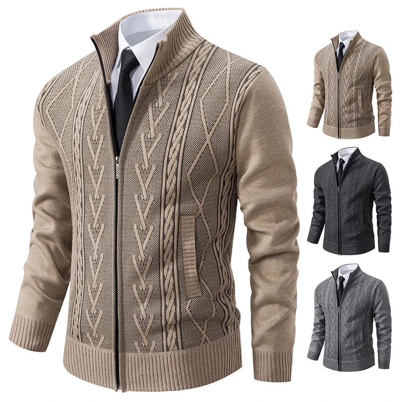 Beige cable knit sweater with a zipper on a white background