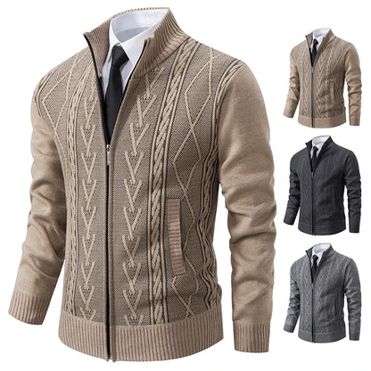 Beige cable knit sweater with a zipper on a white background