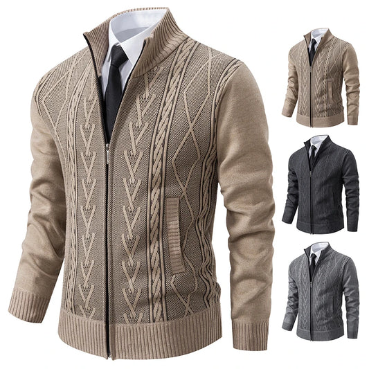 Beige cable knit sweater with a zipper on a white background