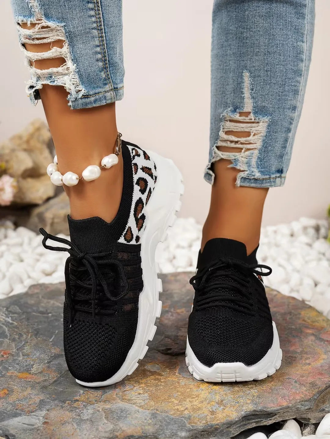 Women's peek-a-boo mesh Leopard print sneakers