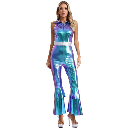 Women’s 70s Metallic Disco Jumpsuit – Sleeveless High – Waist Flared Costume – Purple – M