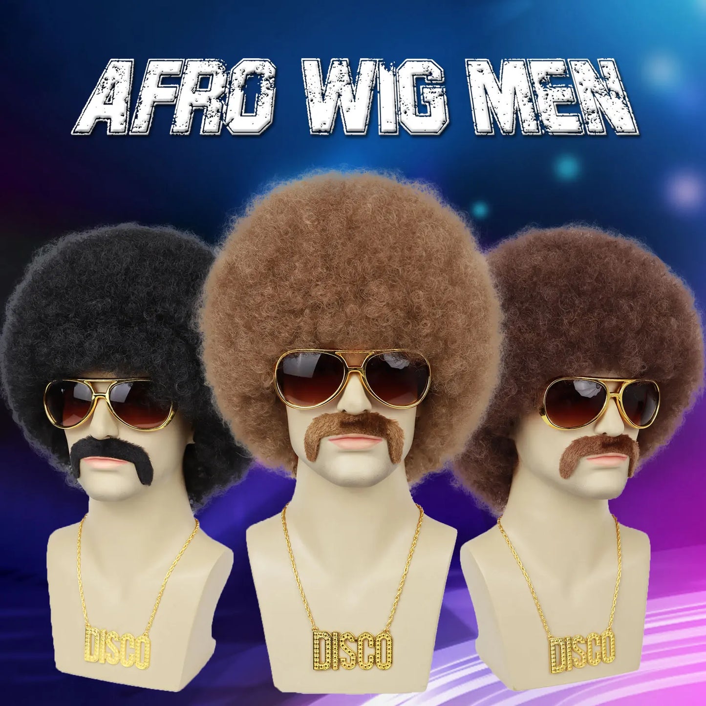 Men’s 70s Disco Wig & Accessories Set – Afro Wig, Mustache, Shades & Disco Chain