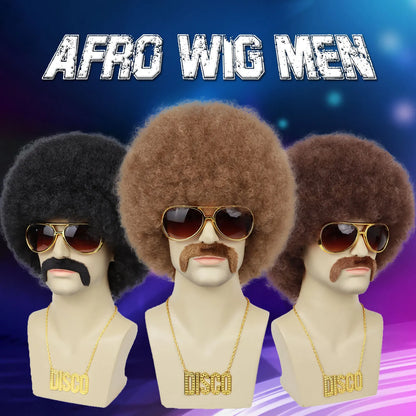 Men’s 70s Disco Wig & Accessories Set – Afro Wig, Mustache, Shades & Disco Chain