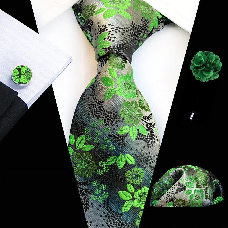 Men’s Floral Necktie Set – Tie, Pocket Square & Cufflinks