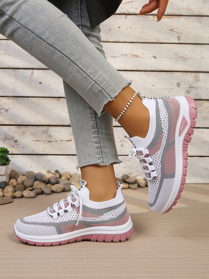 Women’s Lightweight Patchwork Lace-Up Sneakers – Casual Travel Walking Shoes