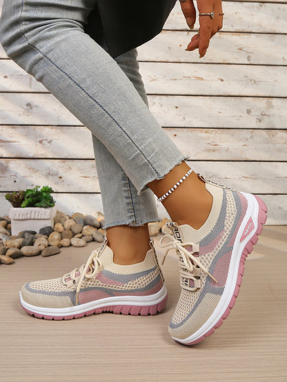Women’s Lightweight Patchwork Lace-Up Sneakers – Casual Travel Walking Shoes