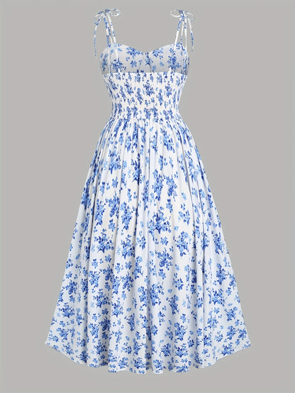 Women’s Floral A-Line Bow-Tie Dress – Sweetheart Neck, Adjustable Straps