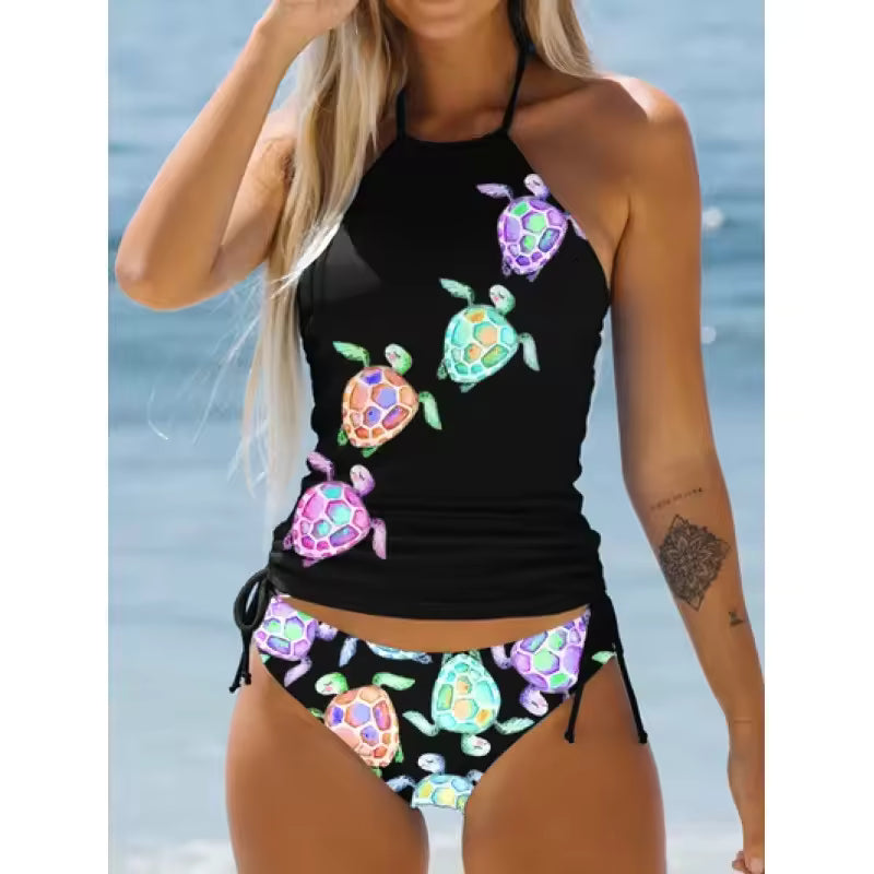 Women’s Halter Tankini Set – Drawstring Side Top & Bikini Bottom
