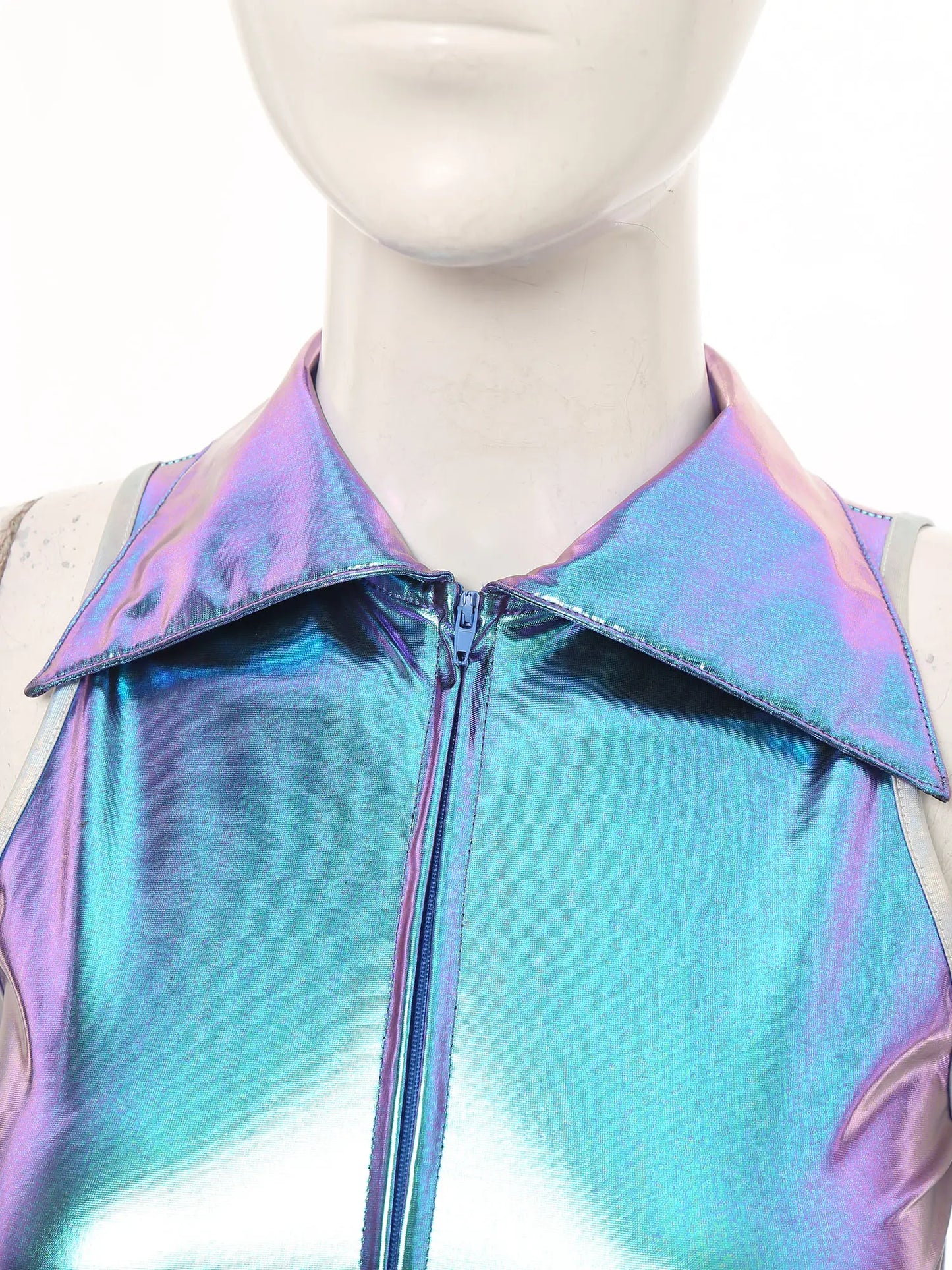 Women’s 70s Metallic Disco Jumpsuit – Sleeveless High – Waist Flared Costume – Blue – L