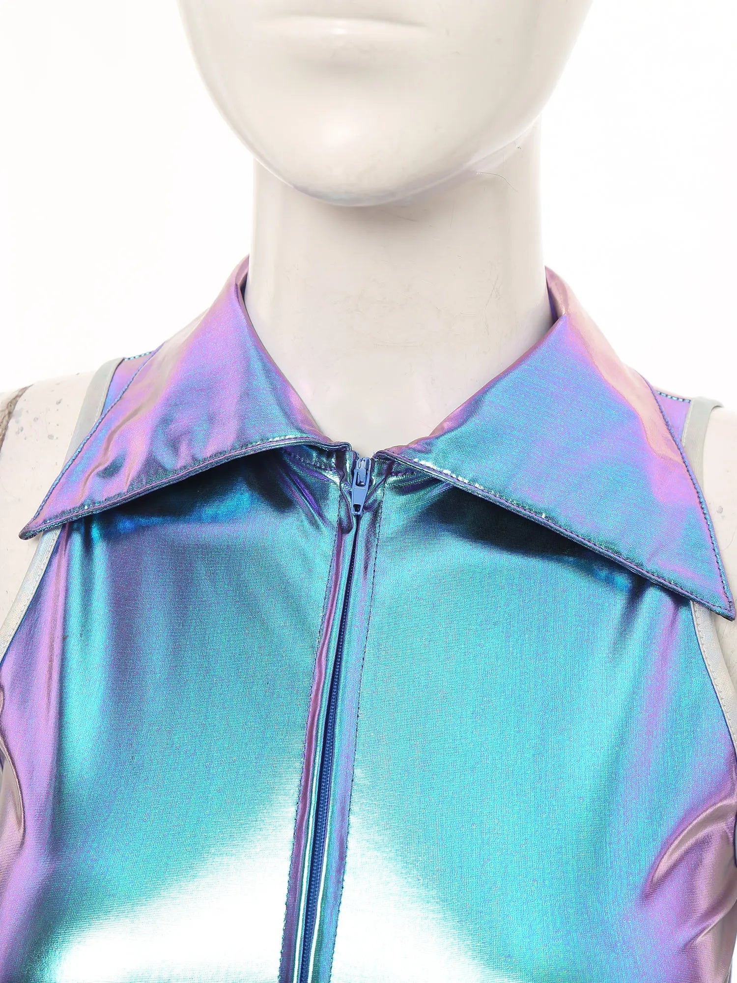 Women’s 70s Metallic Disco Jumpsuit – Sleeveless High – Waist Flared Costume – Blue – L