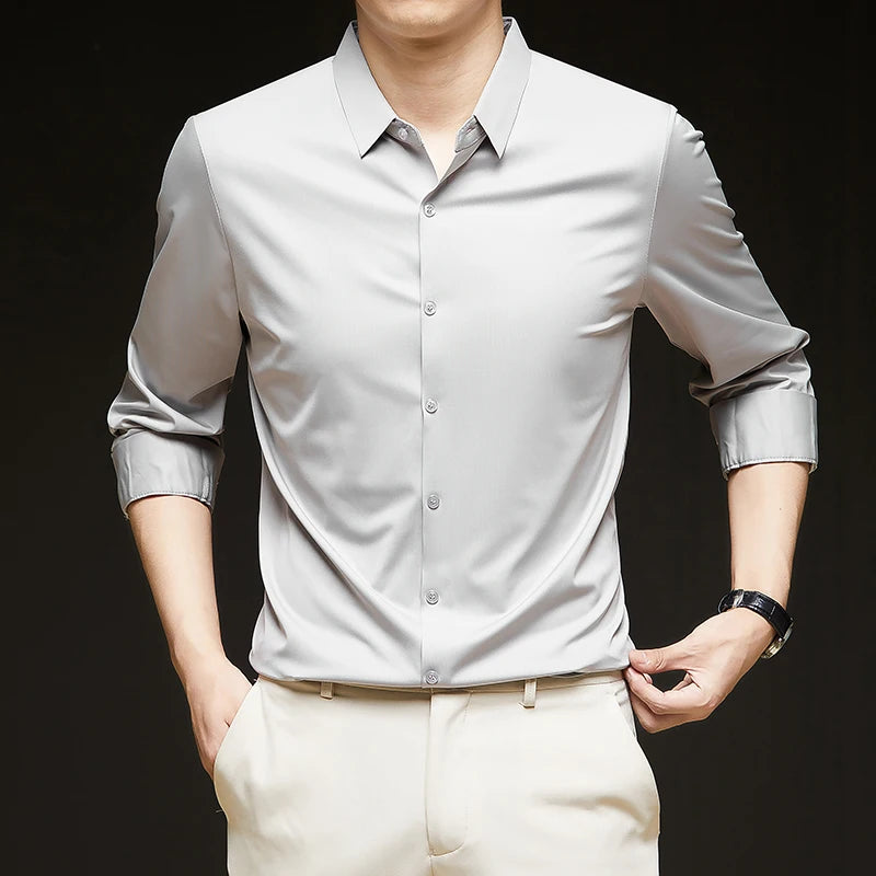 Men’s Ultra-Stretch Long-Sleeve Shirt – Silky Feel, Smart Casual Fit