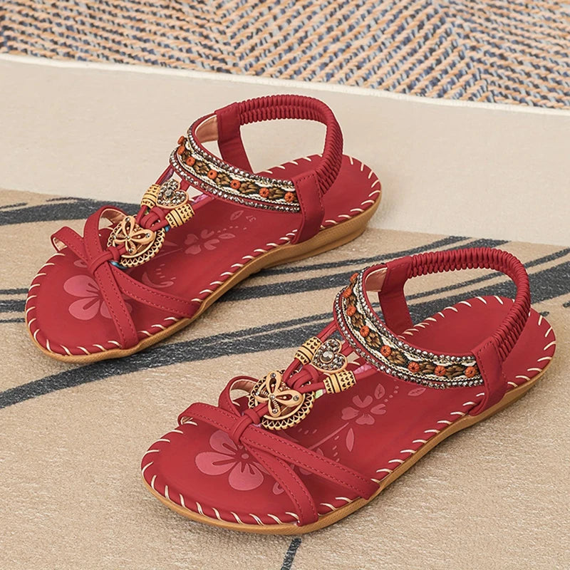 Women’s Boho Beaded Strap Sandals – Casual Summer Walking Shoes