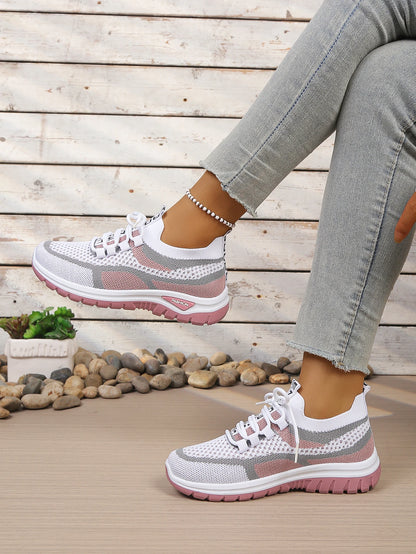 Women’s Lightweight Patchwork Lace-Up Sneakers – Casual Travel Walking Shoes