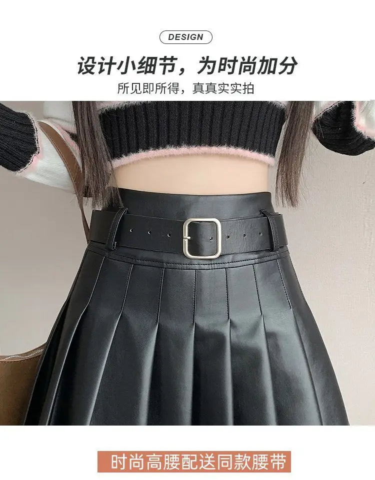 Women’s Pleated PU Mini Skirt with Belt – High-Waist, A-Line
