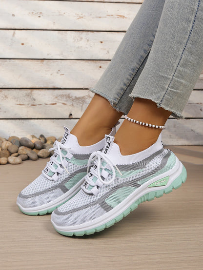 Women’s Lightweight Patchwork Lace-Up Sneakers – Casual Travel Walking Shoes