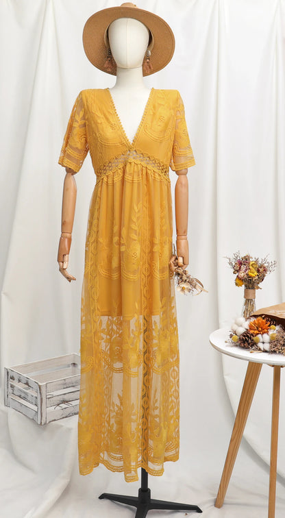 Women’s Embroidered Lace Maxi Dress – Elegant White Boho Beach Style