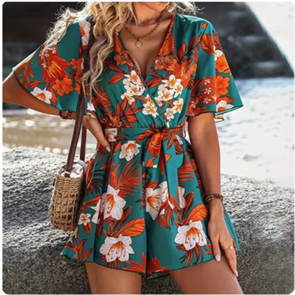 Women’s V-Neck Short-Sleeve Printed Romper – Lightweight, Beach-Ready