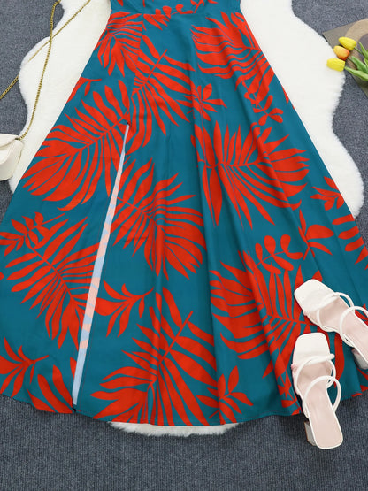 One-Shoulder Tropical Print Maxi Dress – Split Hem