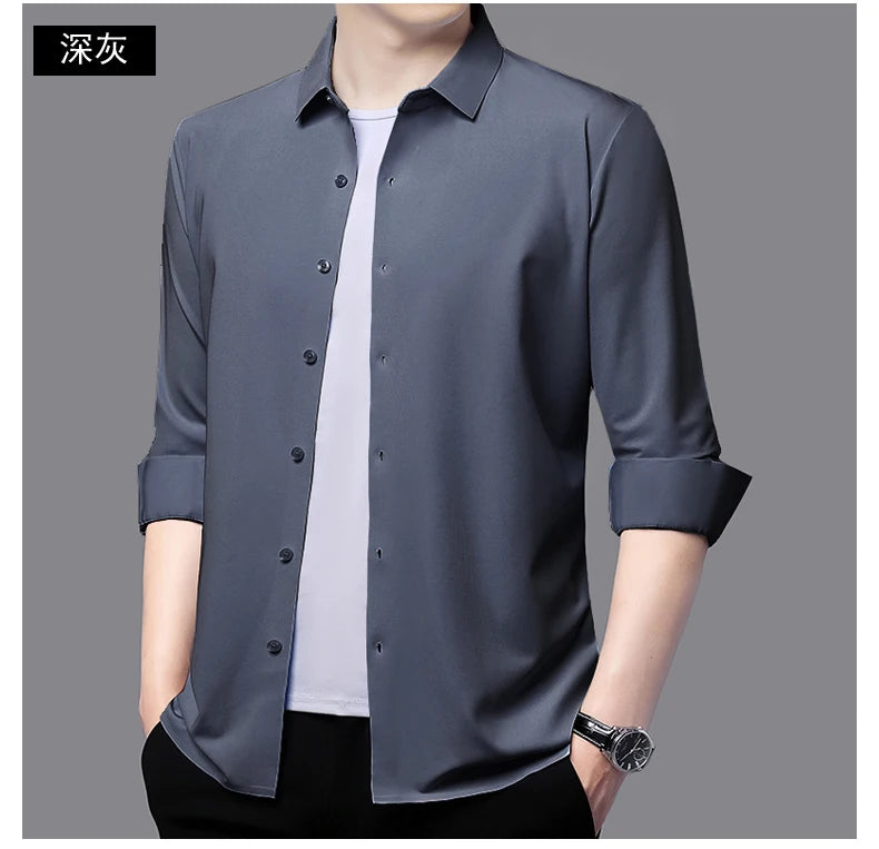 Men’s Ultra-Stretch Long-Sleeve Shirt – Silky Feel, Smart Casual Fit