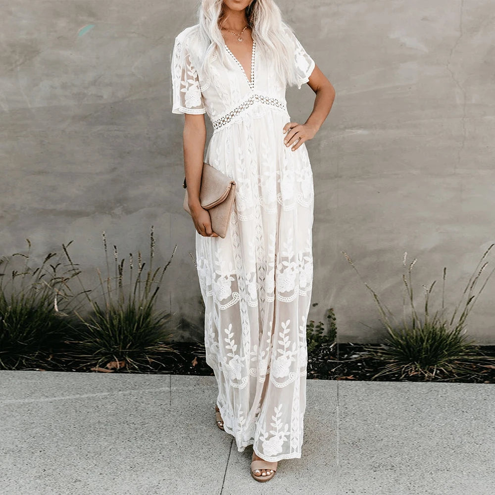 Women’s Embroidered Lace Maxi Dress – Elegant White Boho Beach Style