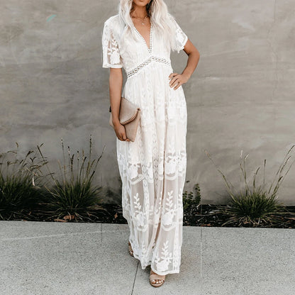 Women’s Embroidered Lace Maxi Dress – Elegant White Boho Beach Style