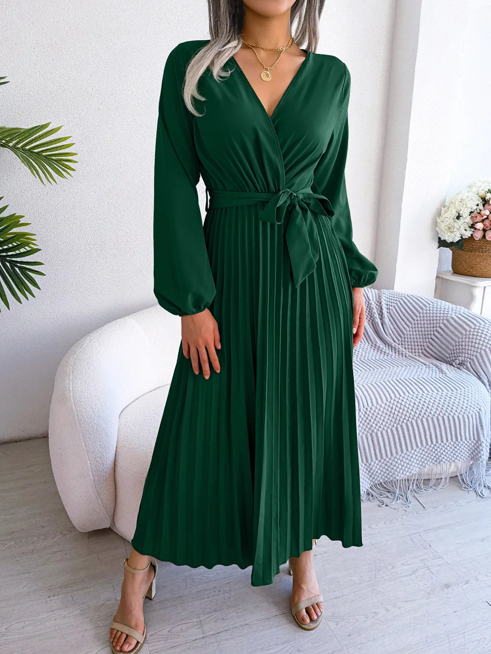 Women’s Pleated V-Neck Maxi Dress – Long Sleeve, Belted Waist