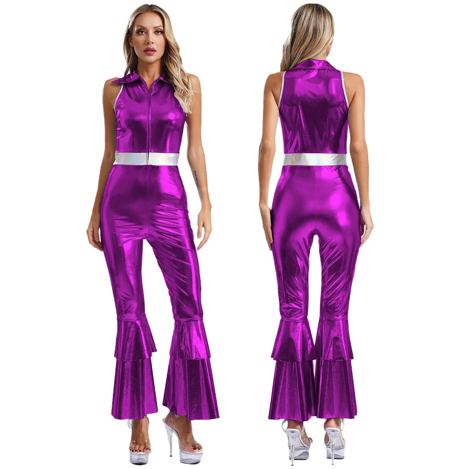 Women’s 70s Metallic Disco Jumpsuit – Sleeveless High – Waist Flared Costume – Black – L