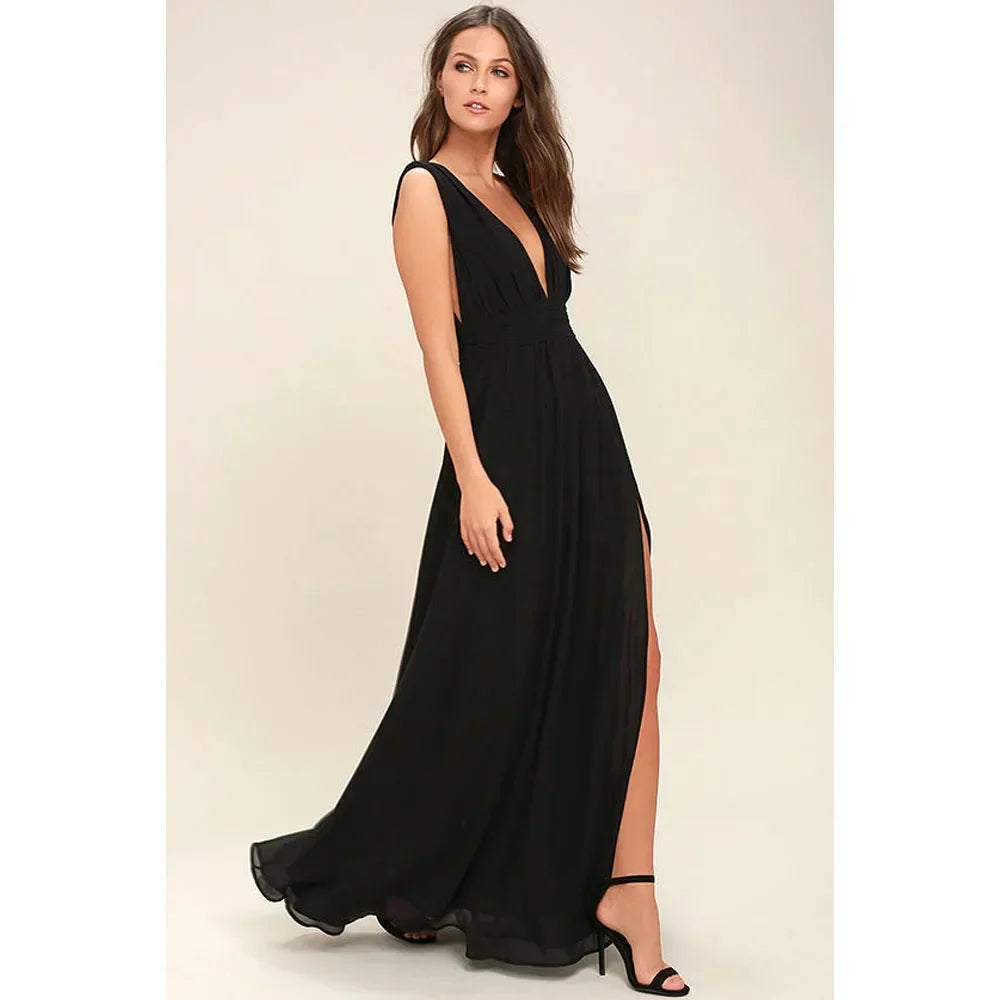Backless Deep-V Chiffon Maxi Dress – Flowy Slit Evening Gown