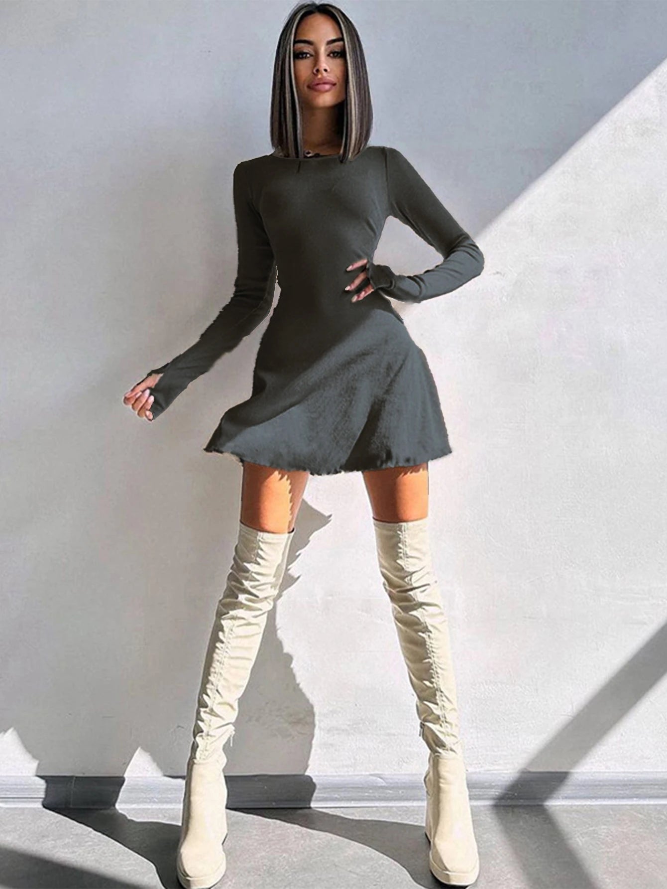 Women’s Lace-Up Back Mini Dress – Long Sleeve, Ribbed Knit, Flared Hem