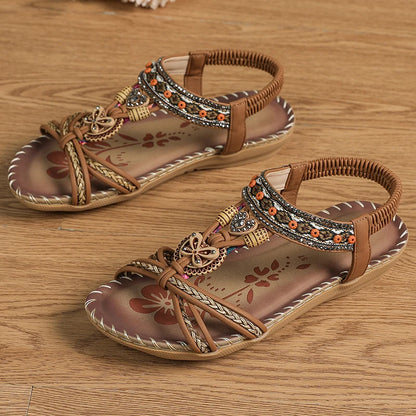 Women’s Boho Beaded Strap Sandals – Casual Summer Walking Shoes