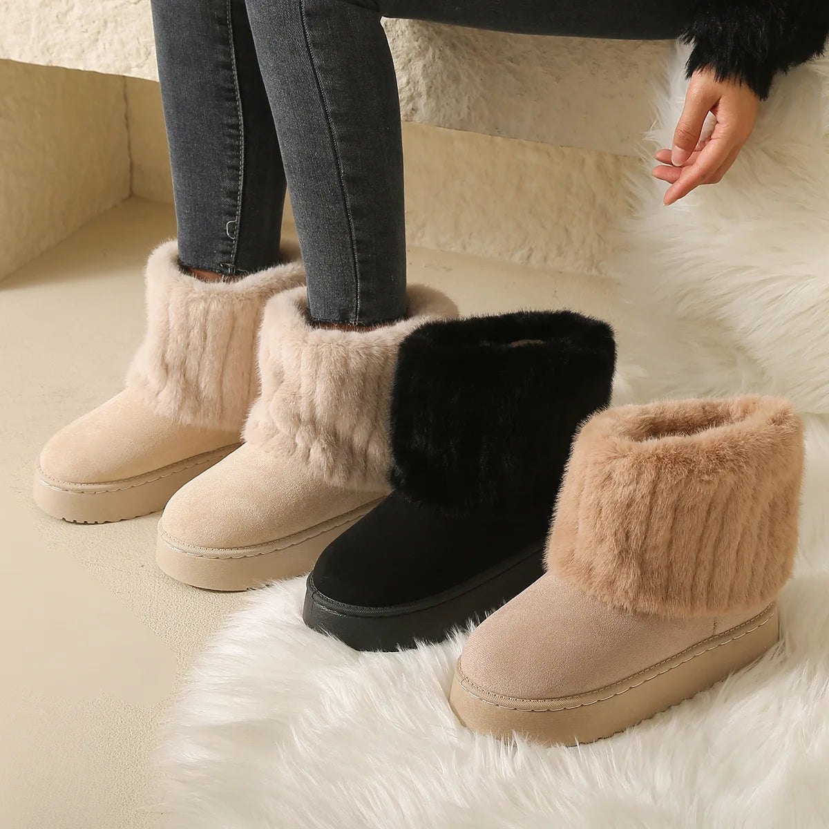 Women’s Faux Fur Slip – on Winter Boots – Warm Plush Mid – Heel Comfort – Off White – 36